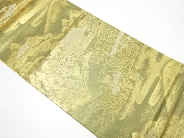 遠山に家屋・風景模様織り出し袋帯